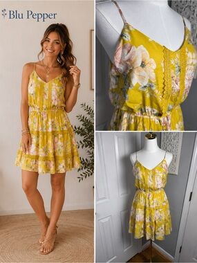 Blu Pepper Yellow Floral crochet lace detail Mini Dress Size M